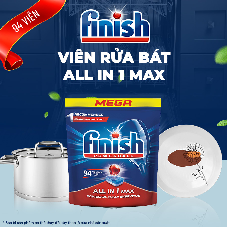 Combo Viên rửa bát Finish All in one 94 viên + Muối Finish 1,2kg + Nước làm bóng Finish 800ml