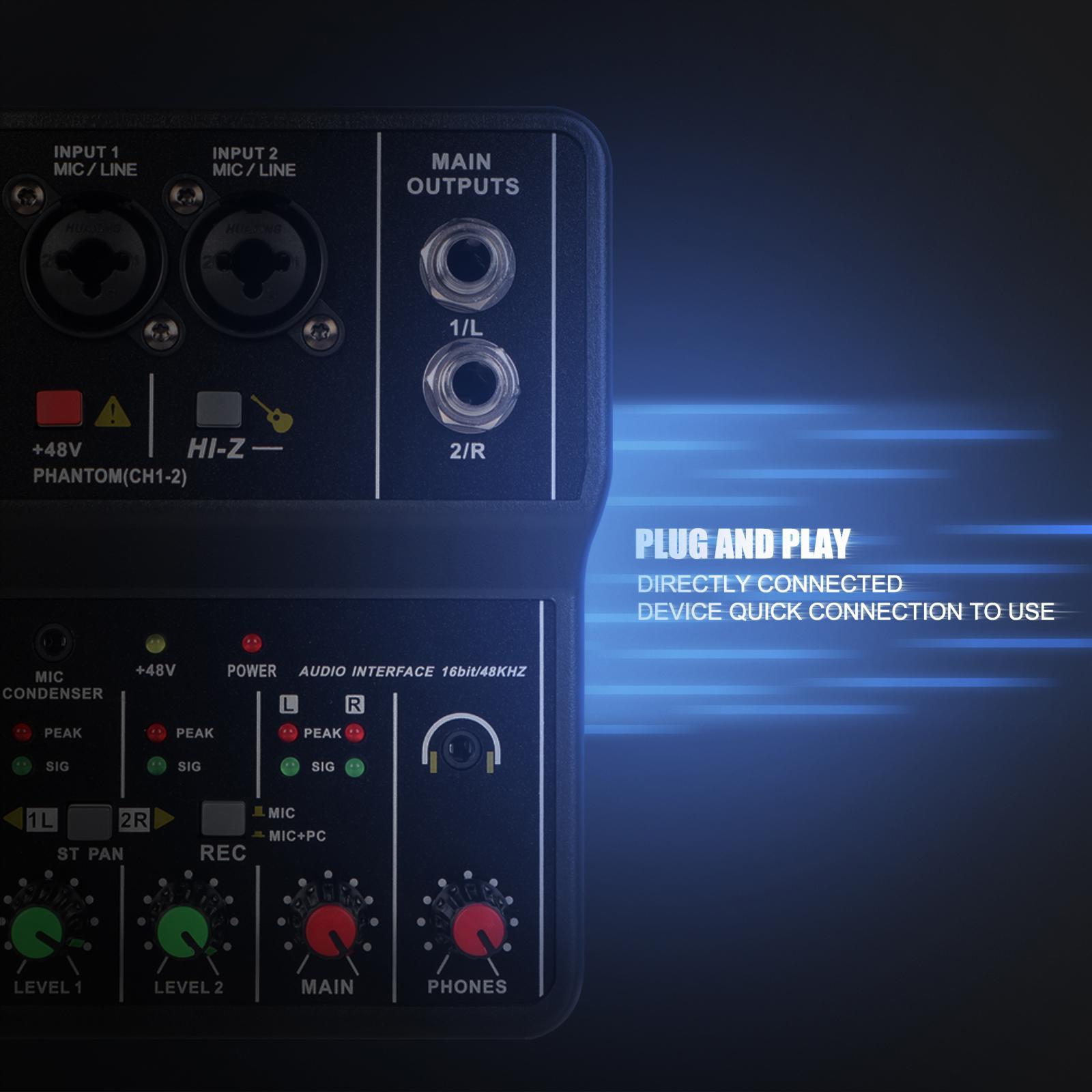 USB Audio Interface, Audio Mixer, 2 Channel with 48V  Power, 16Bit/49 KHz Low Latency Plug and Play for Recording  Podcasting