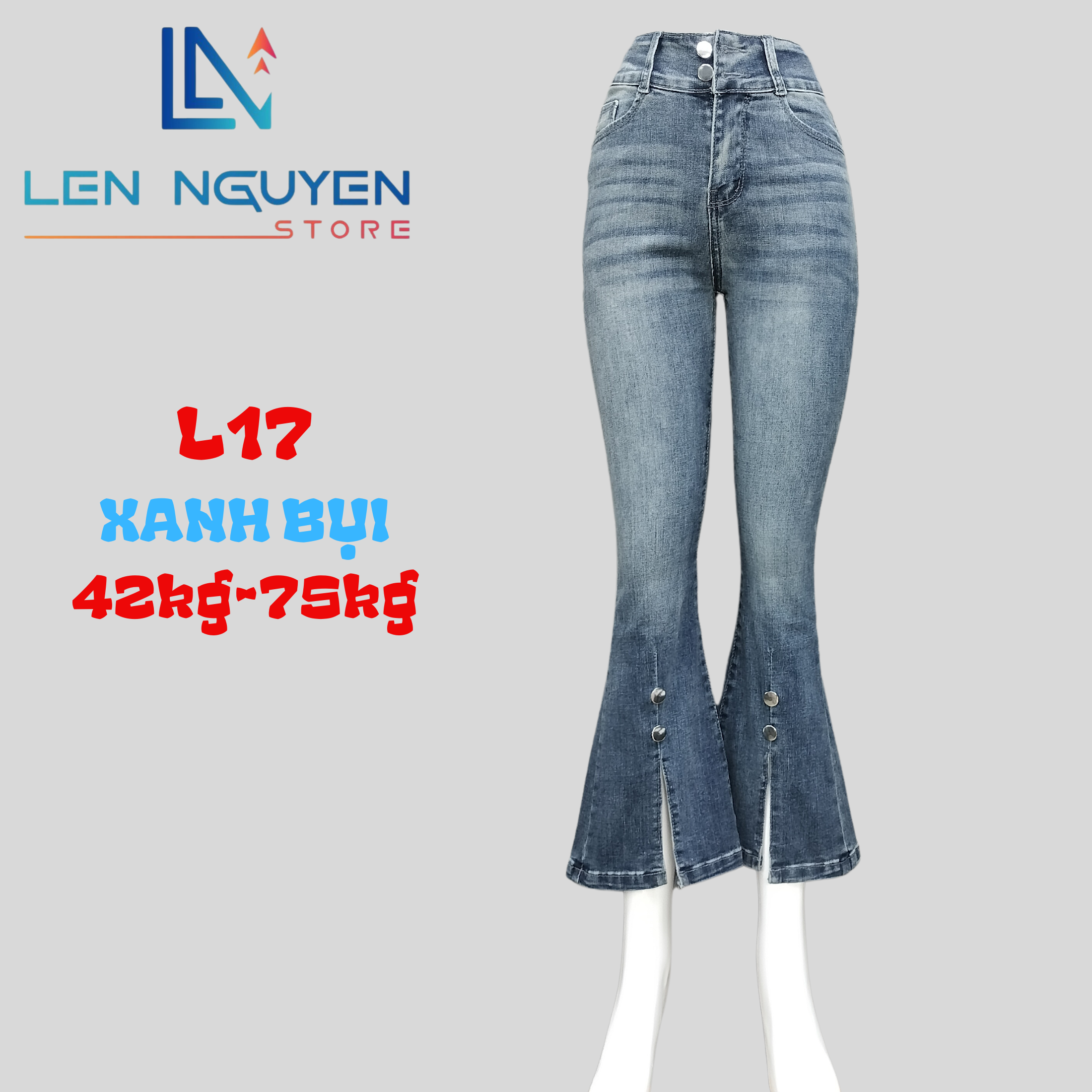 L17_Quần jean nữ, loe, lưng cao, quần bò nữ dáng ôm, quần rin nữ có big size, cho 42kg đến 75kg,LEN NGUYEN STORE - Xanh Bụi