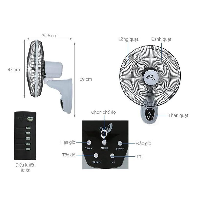Quạt treo tường ASIA có REMOTE VY377 - Hàng chính hãng - Xanh Thiên Thanh