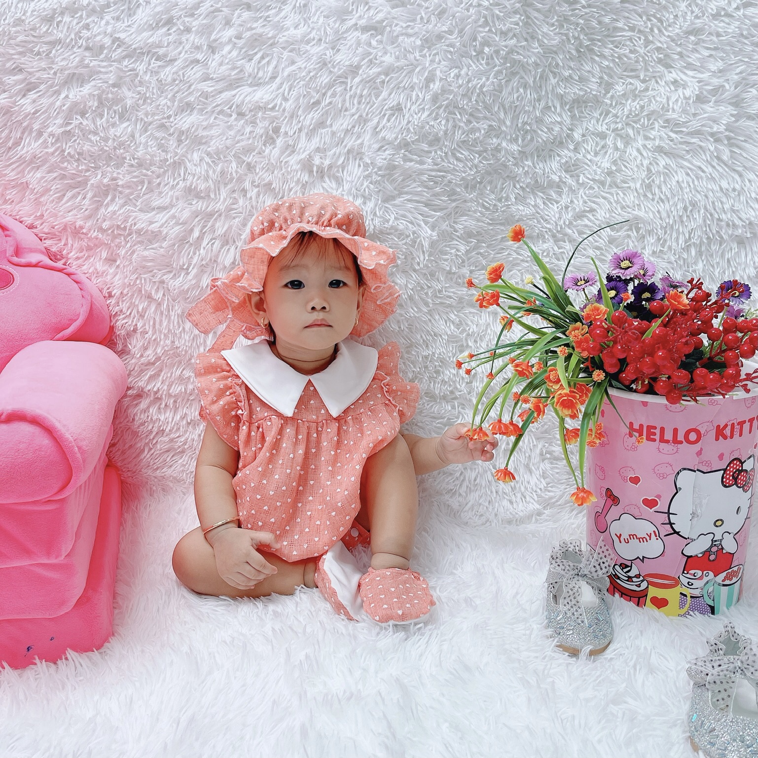 Bodysuit , Áo Liền Quần Chấm Bi Cam Bé Gái 3 đến 12kg Chất Đũi Thông Hơi