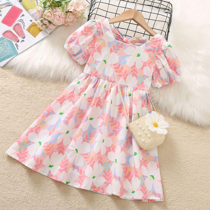 DONGSHOP HOT Cô gái hoa đầm mùa hè trẻ em nhất lưới màu hồng váy cô gái nhỏ công chúa váy túi