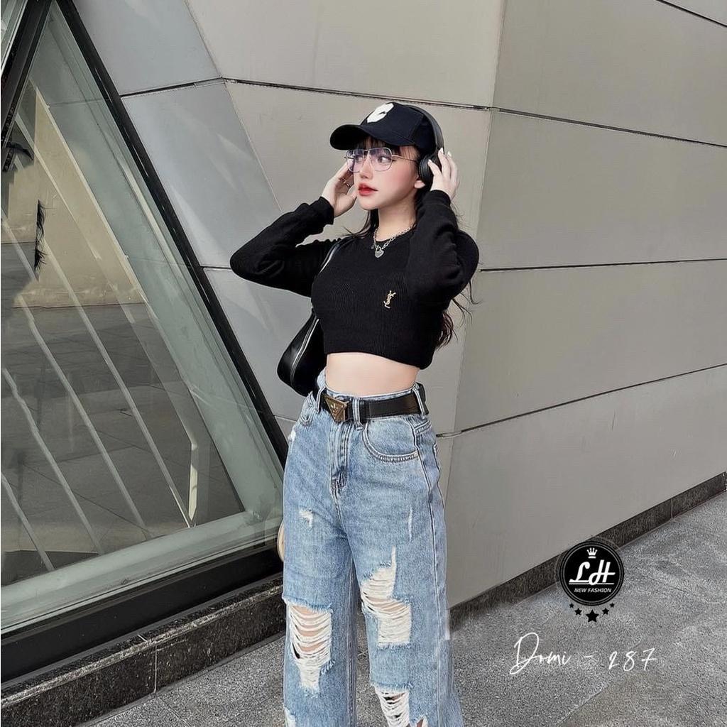 Quần baggy jean nữ rách tua rua 2 gối siêu lạ lưng cao siêu chất Lê Huy Fashion MS 287