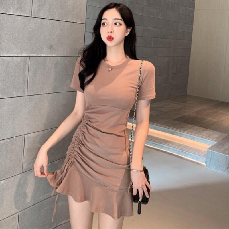 Đầm ngắn tay cổ tròn thiết kế rút dây thanh lịch cho nữ