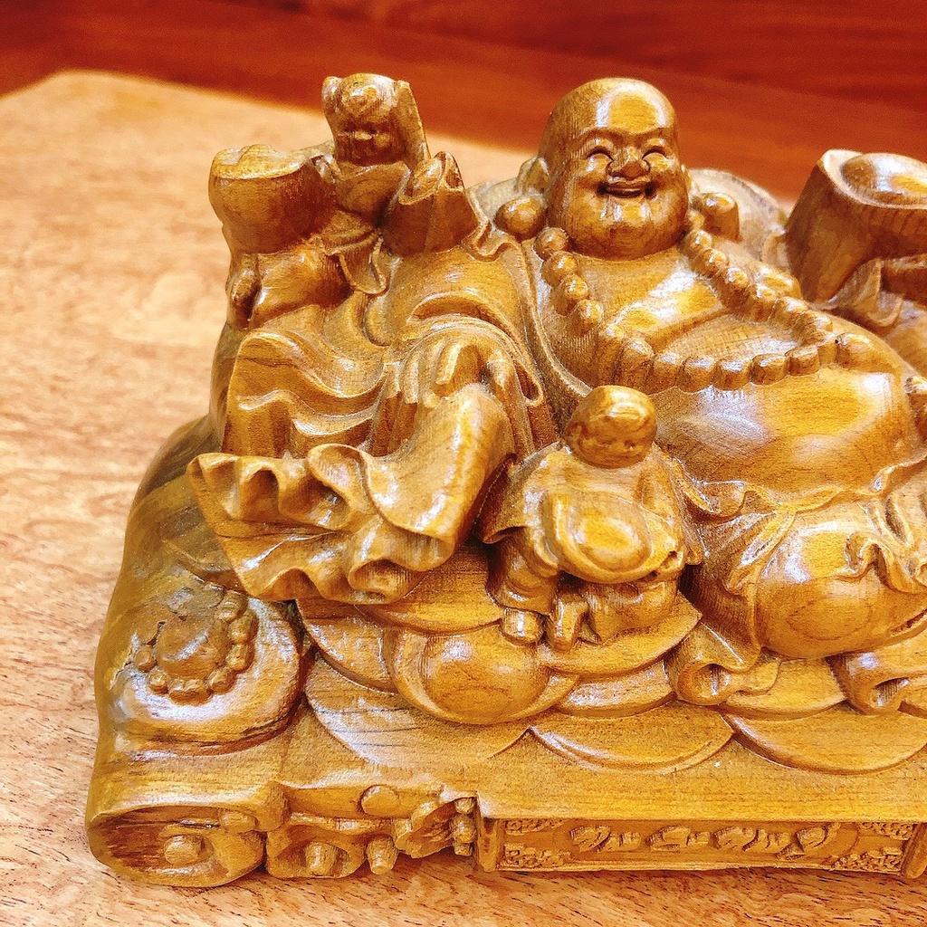 Tượng Phật Di Lặc Ngũ Phúc Gỗ Bách Xanh Để Ô Tô, Bàn Làm Việc