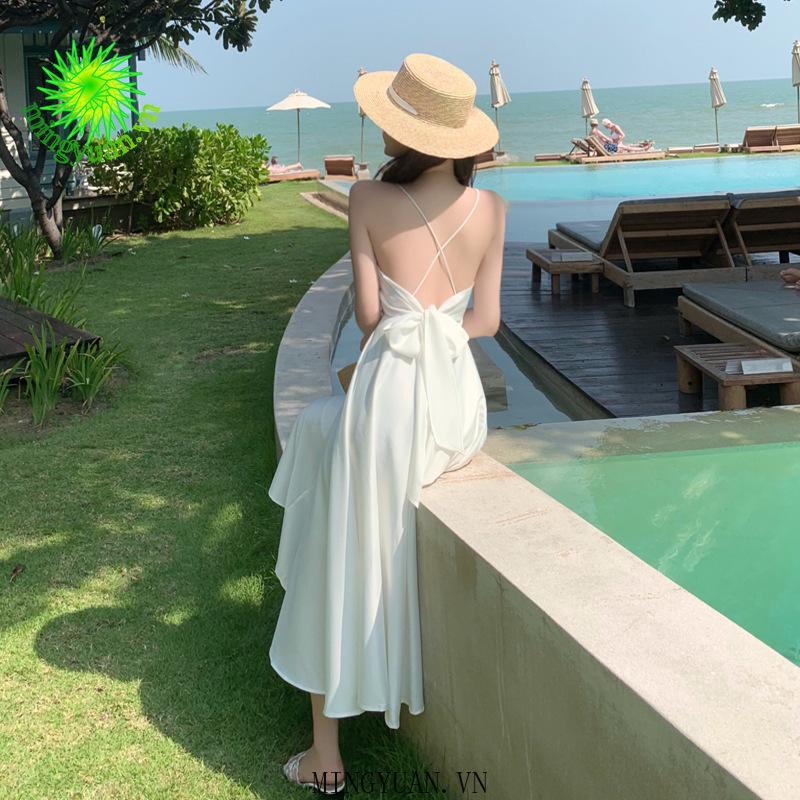 Đầm Hai Dây Dáng Dài Vải Satin Trơn Phong Cách Retro