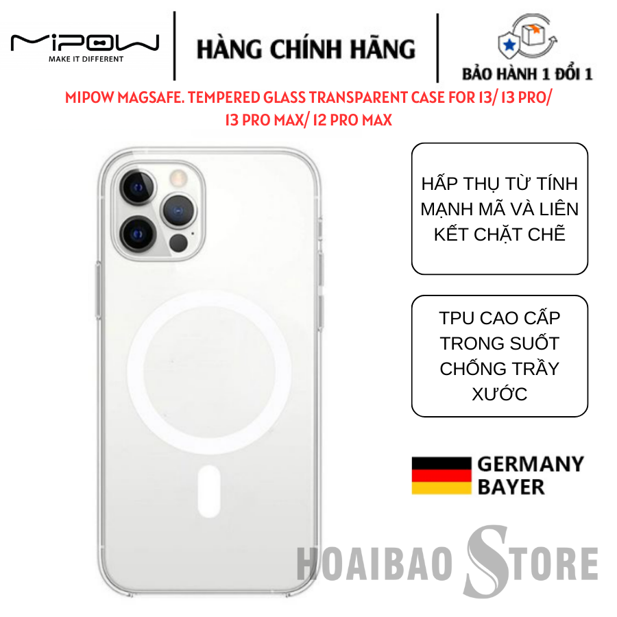 ỐP LƯNG SẠC TỪ TÍNH CHO IPHONE 13/13 PRO/13 PRO MAX/12 PRO MAX MIPOW TEMPERED GLASS TRANSPARENT - Hàng Chính Hãng