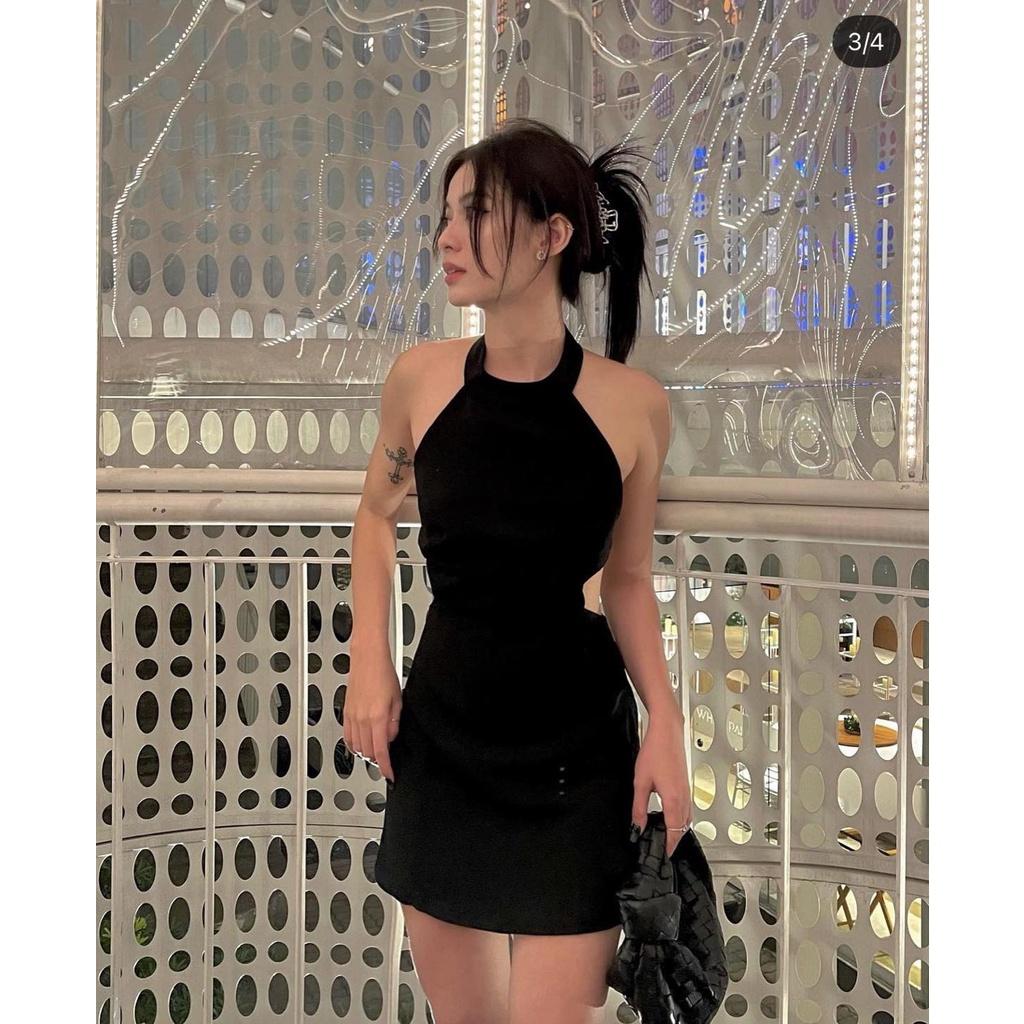 SET ĐẦM YẾM ĐEN CUTOUT LƯNG KÈM KHOÁC NGOÀI