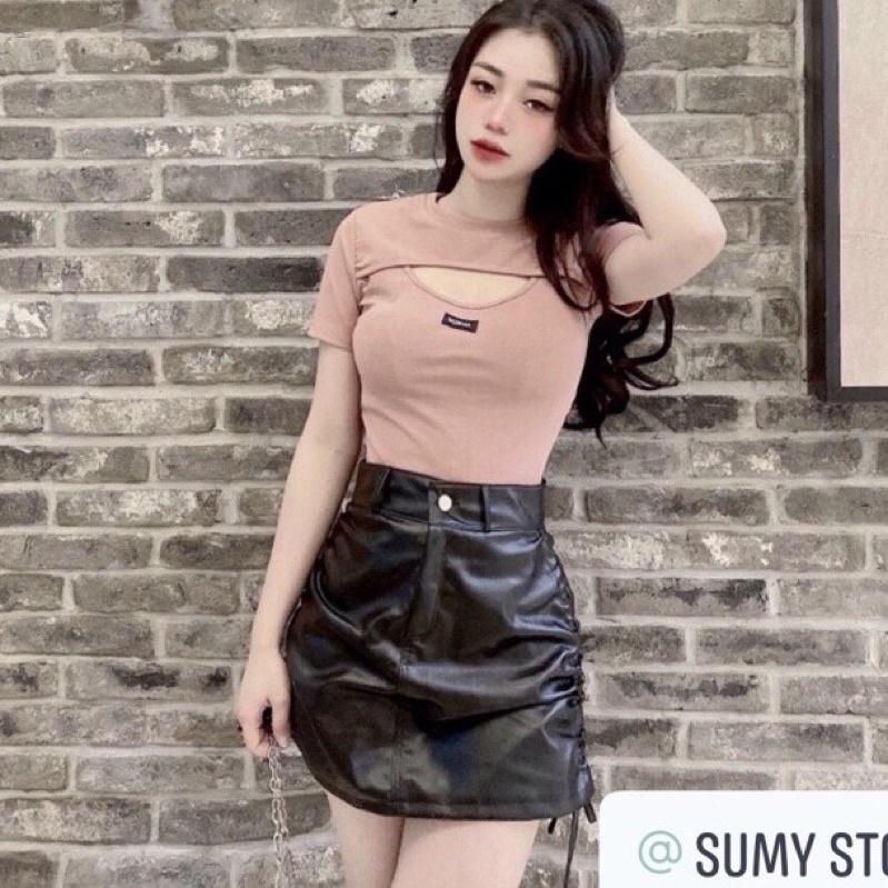 Áo kiểu dáng ôm khoét ngực nữ,áo thun ôm phối logo chữ trước ngựcchất bozip mềm mịn quỳnh trang shop