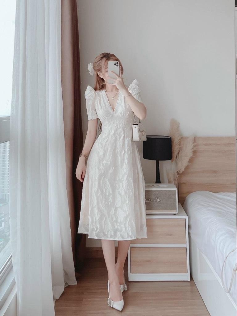 ĐẦM MIDI REN NẸP VIỀN CỘT NƠ LƯNG