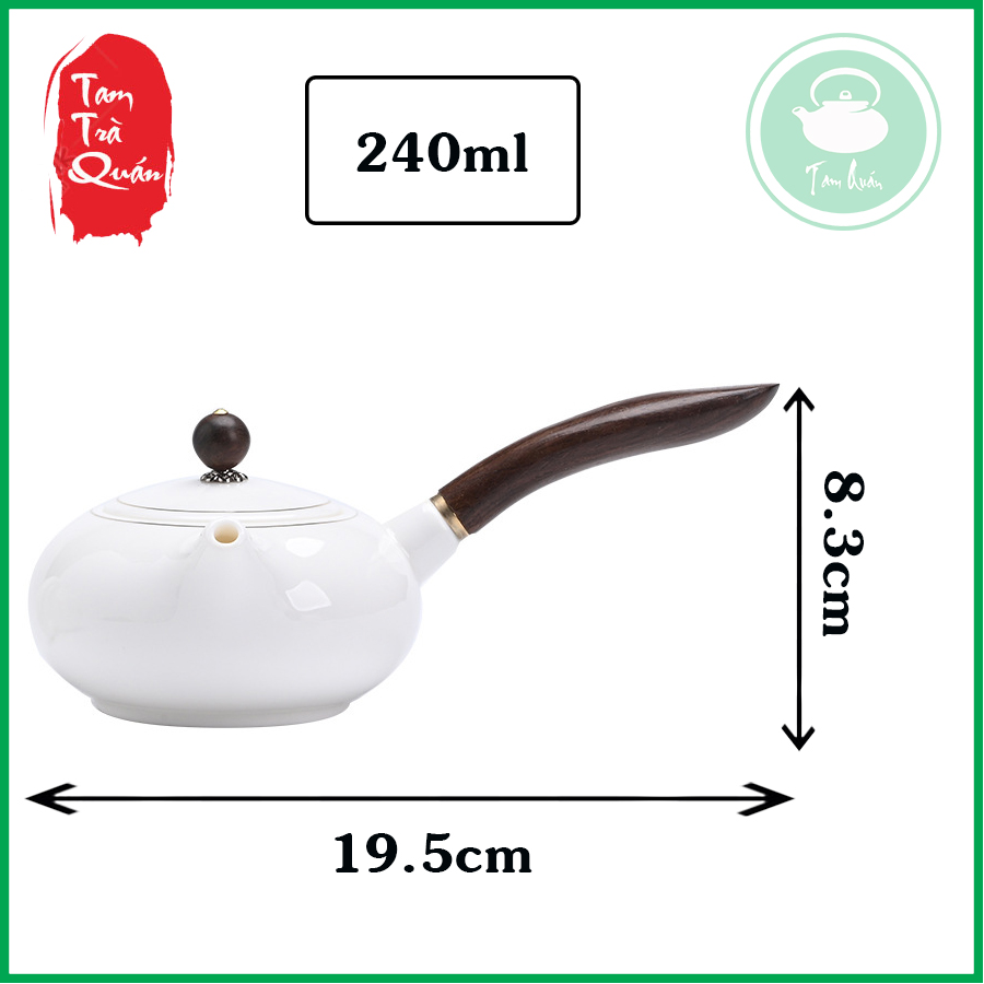 Ấm trà sứ trắng Đức Hóa cán gỗ 240ml