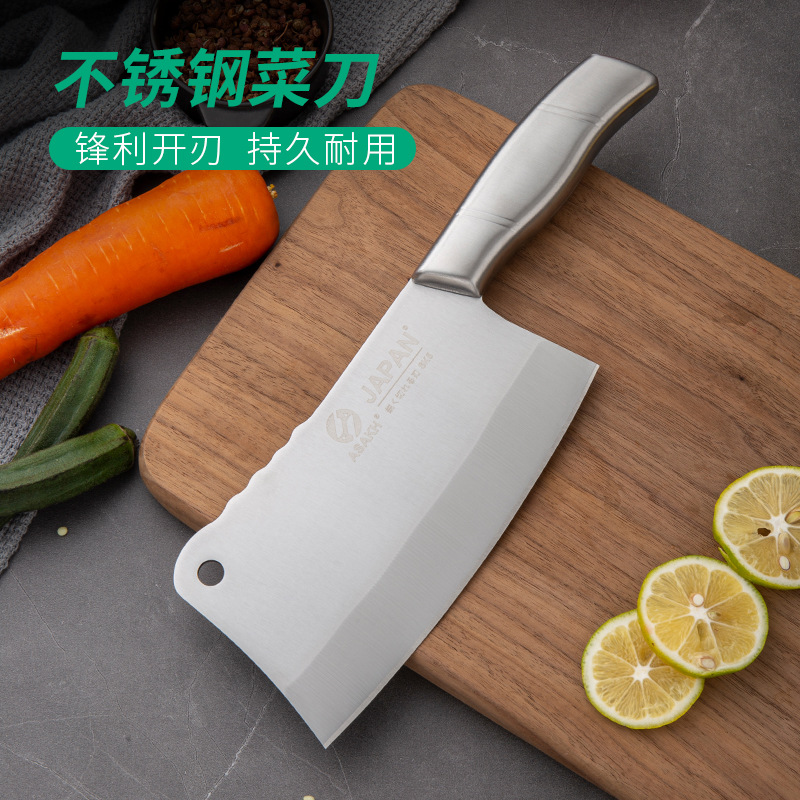 Dao chặt xương Nhật  lưỡi dao bén , chống trơn trượt ,  không rỉ , cán inox  dễ cầm ,  thiết kế lượn sóng giúp giảm tiếng ồn  , đầu dao có lỗ treo gọn gàng  , sạch sẽ