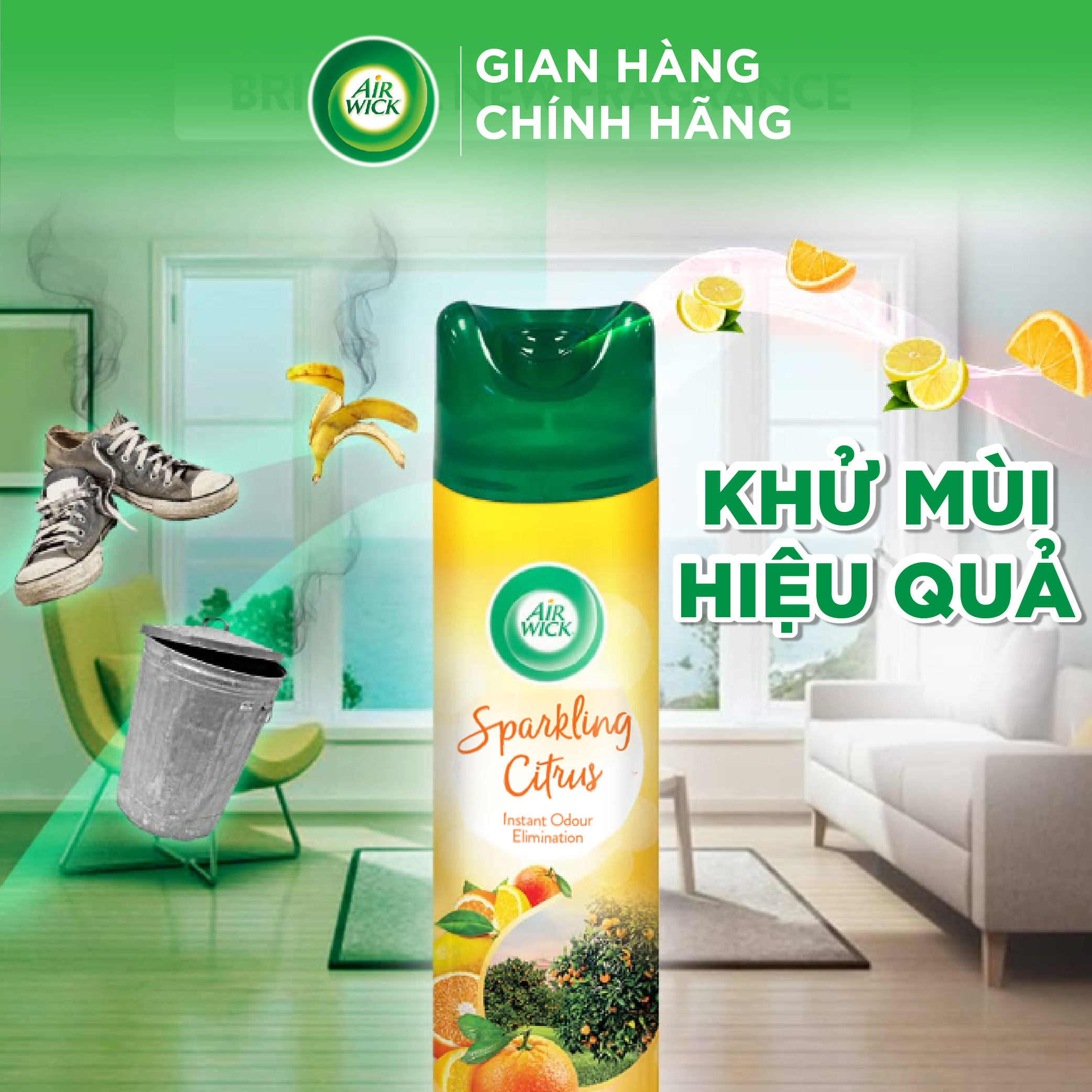 Chai xịt thơm phòng hương cam quýt AIRWICK hương thanh mát, vòi xịt thông minh giúp tỏa hương dễ dàng 300ml