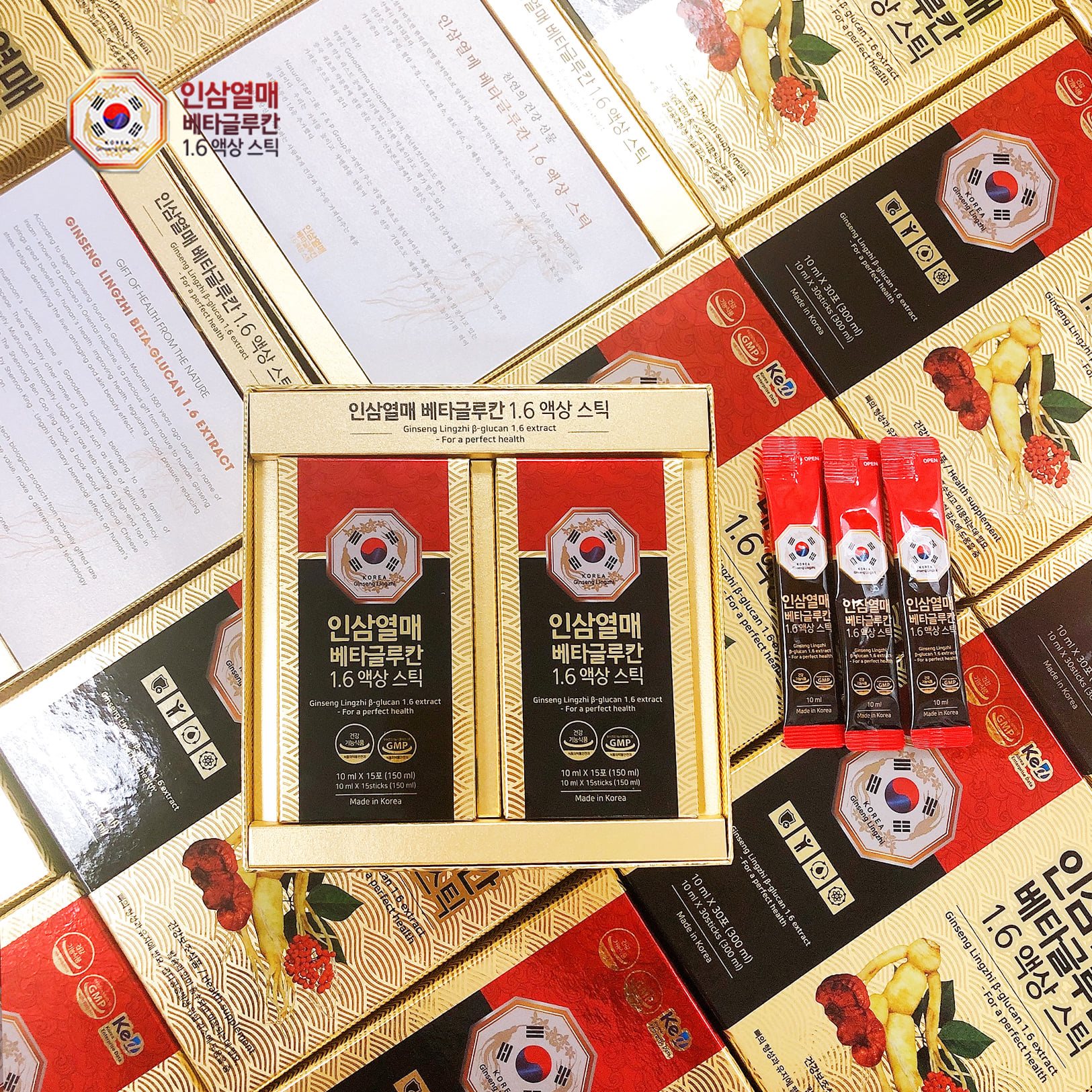 Hộp Nhân Sâm Linh Chi Beta Glucan 1.6 Extract 15 Gói Cô Đặc Của Hàn Quốc, Giúp Ngừa Ung Thứ, Cải Thiện Hệ Tiêu Hóa, Tăng Miễn Dịch, Bồi Bổ Cơ Thể, Làm Đẹp Da