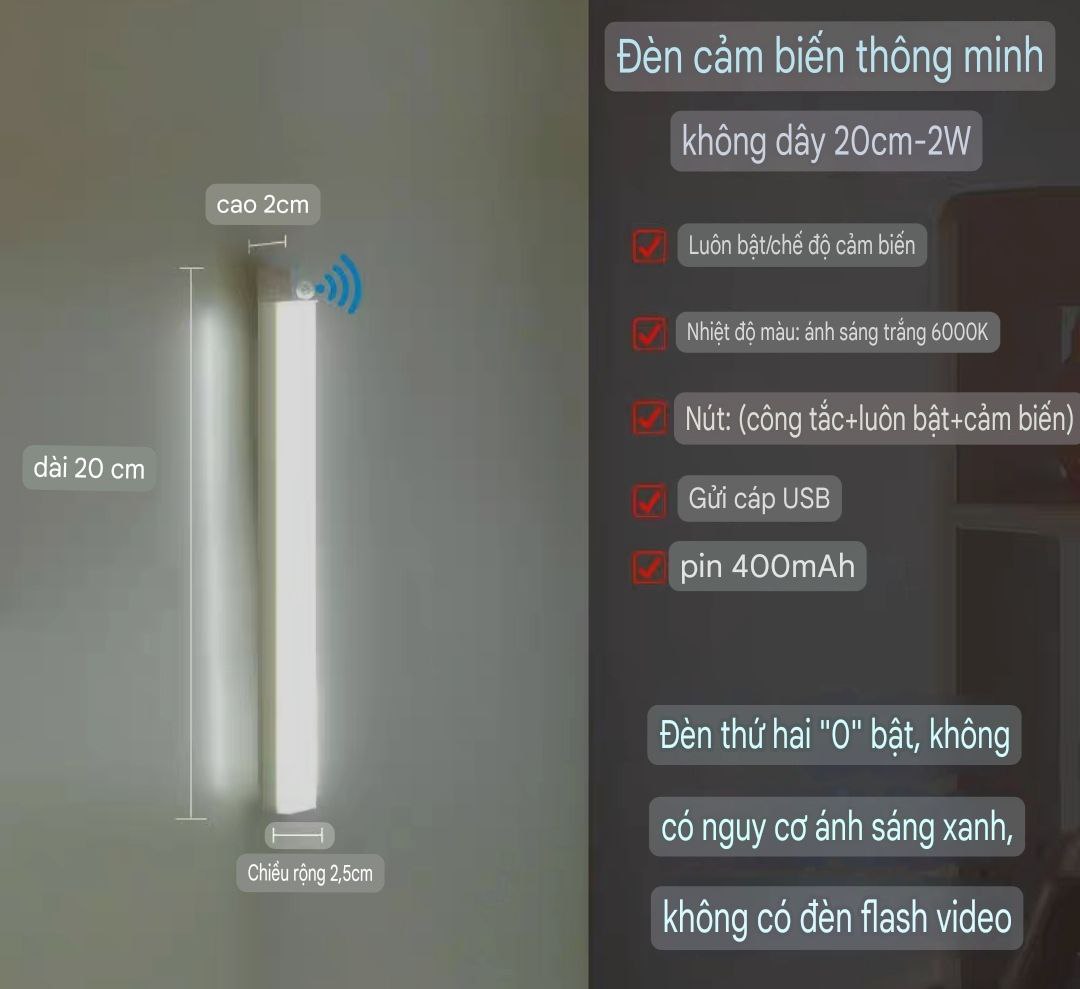 ĐÈN LED CẢM BIẾN THÔNG MINH KHÔNG DÂY 20CM - 2W GẮN TƯỜNG NGĂN TỦ BÀN ĐỌC SÁCH LỐI ĐI ĐÊM CHO NGƯỜI GIÀ NGƯỜI YẾU ĐÈN LED GẮN TƯỜNG CẢM BIẾN THÔNG MINH ĐA CHỨC NĂNG