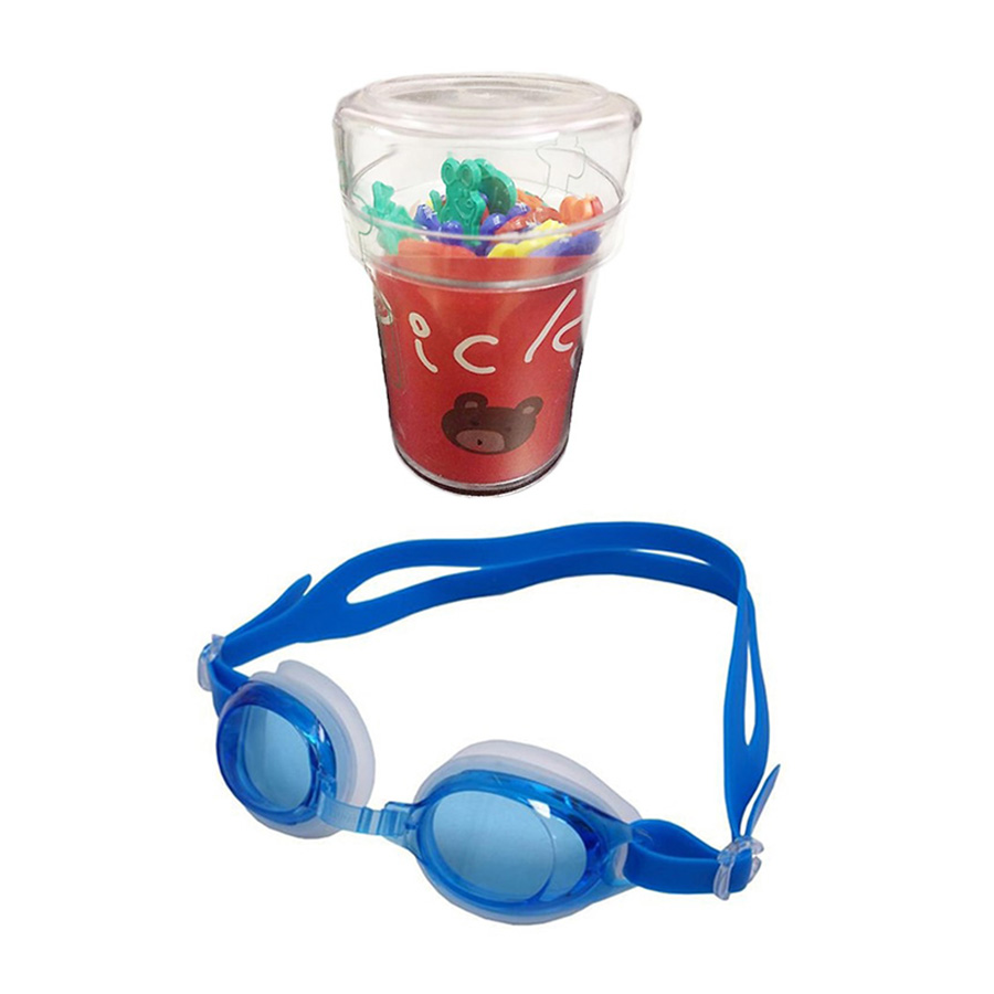 Combo Kính bơi trẻ em Goggle (từ 6-15 tuổi) màu xanh + Hộp 25 dĩa ăn trái cây hình gấu cho bé - Nội địa Nhật Bản