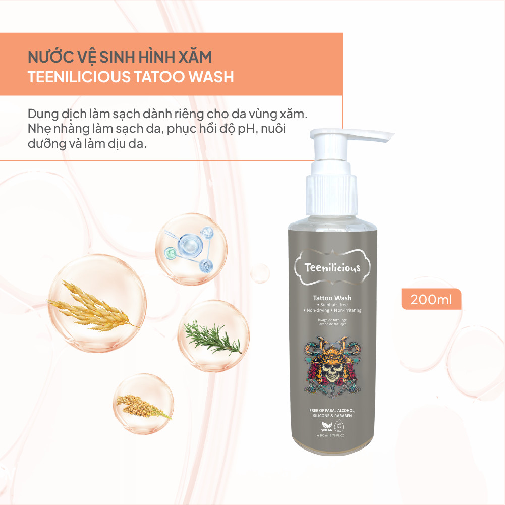 Nước Vệ Sinh Hình Xăm Teenilicious Tattoo Wash Giúp Làm Sạch Dịu Nhẹ, Dưỡng Ẩm Mềm Mịn Da Xăm 200ml