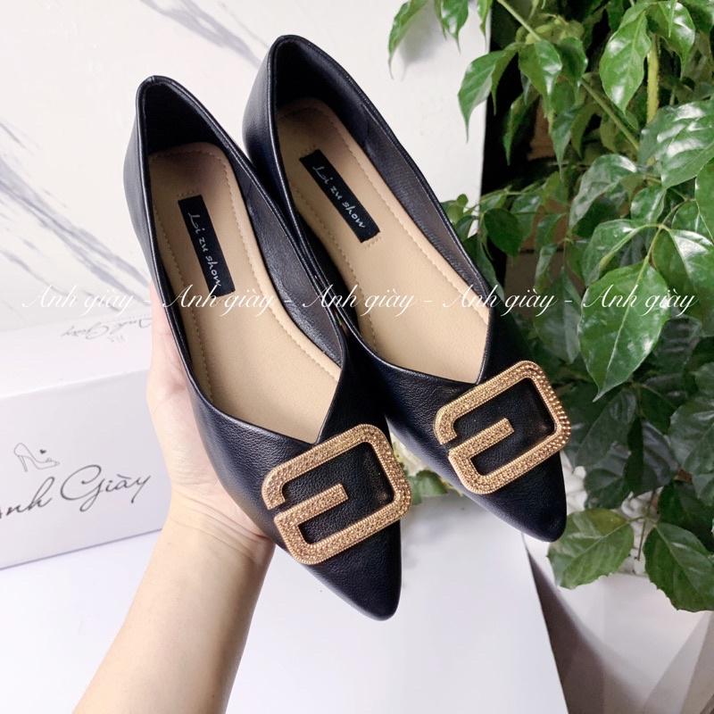 GB62 - Giày bệt nữ đế bằng, giày búp bê da lì mũi nhọn nơ khoá chữ G đế cao su dẻo phù hợp đi làm, đi chơi, đi học