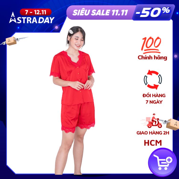 Đồ bộ pijama lụa, đồ mặc nhà nữ VILADY - B126 kiệu quần đủi tay cộc họa tiết trơn phối ren sexy quyến rũ, chất liệu lụa Pháp ( lụa latin) cao cấp - Màu đỏ