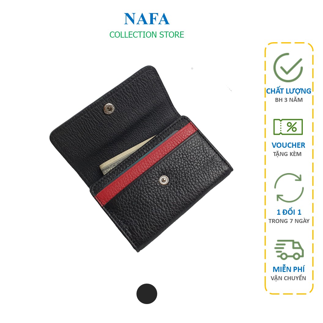 Ví mini đựng thẻ, ví đựng card da bò thật MN115 cao cấp màu đen phối đỏ tinh tế