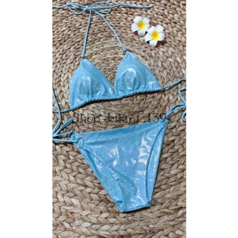 bikini đồ bơi đi biển màu xanh ngọc kim tuyến kem hình anh thật