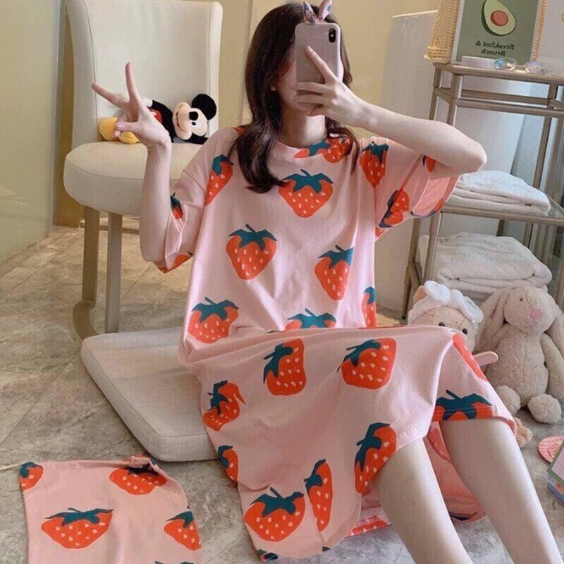 Váy ngủ cộc tay dễ thương dáng suông màu sắc dễ mặc
