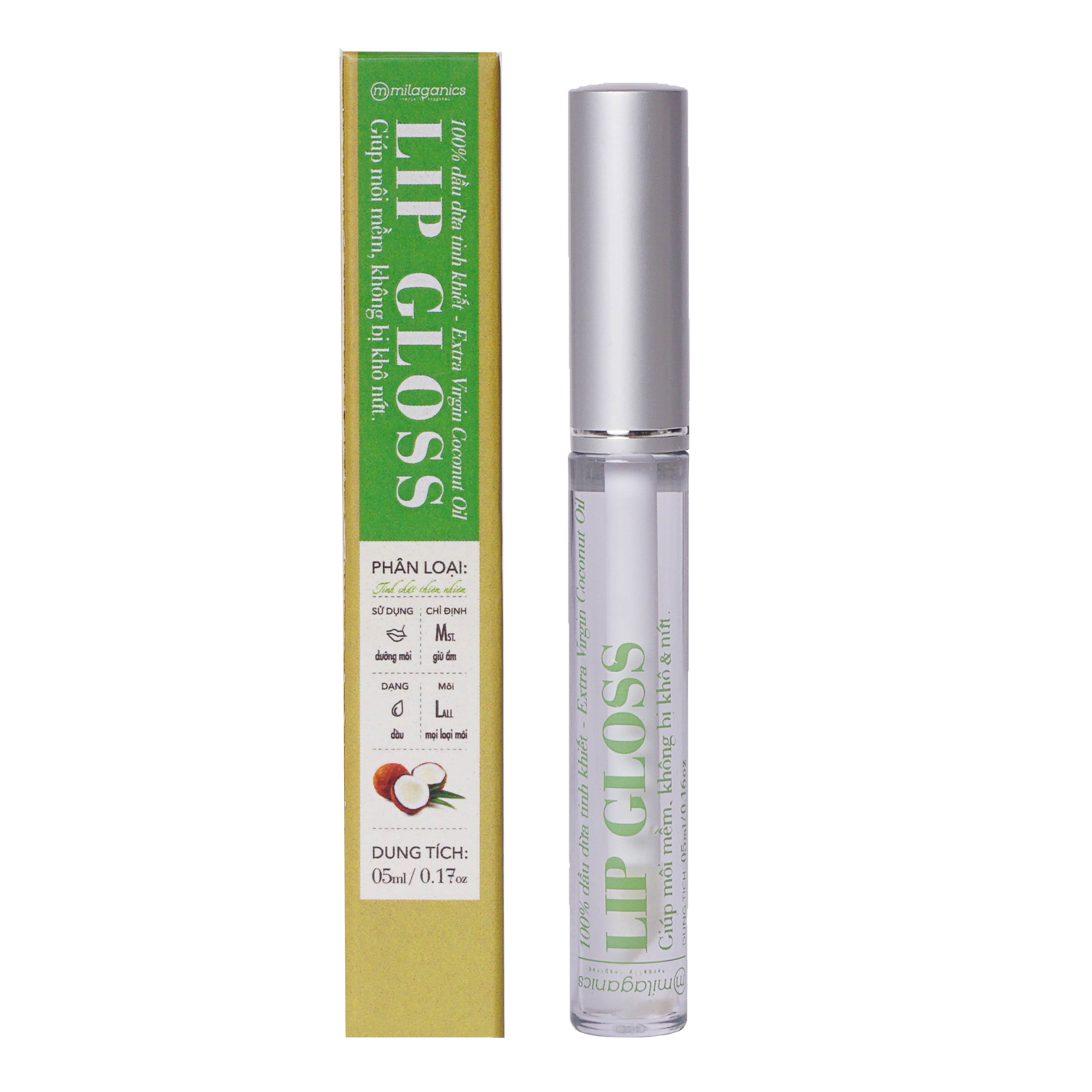 Lipgloss Dưỡng Môi Dầu Dừa Nguyên Chất Dưỡng Môi Ẩm Min, Cải Thiện Môi Khô Nứt Nẻ MILAGANICS 5ml
