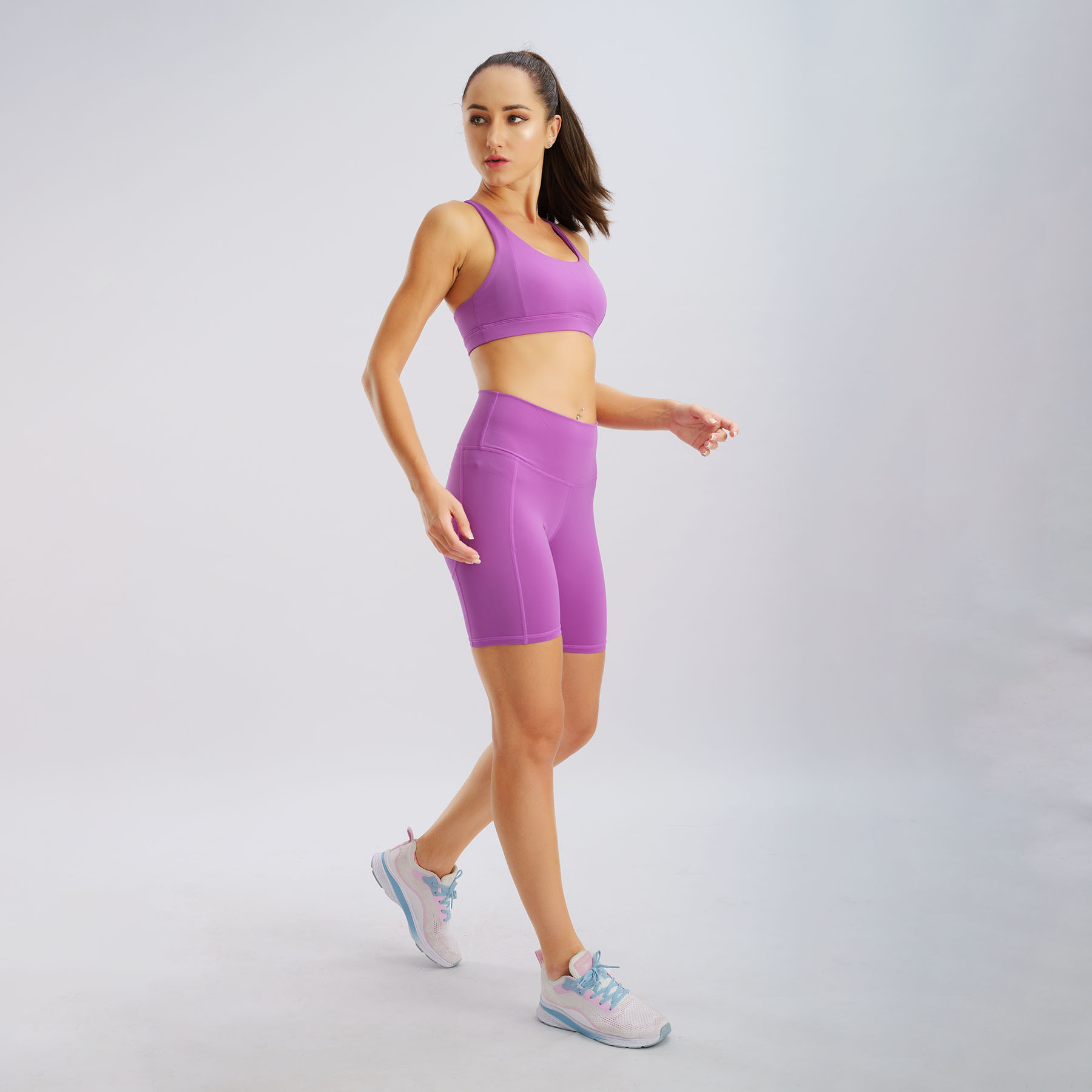 Set đồ tập yoga gym Luxury Hibi Sports H143, quần đùi lưng cao màu Tím kèm mút ngực, vải cao cấp Lu Fabric