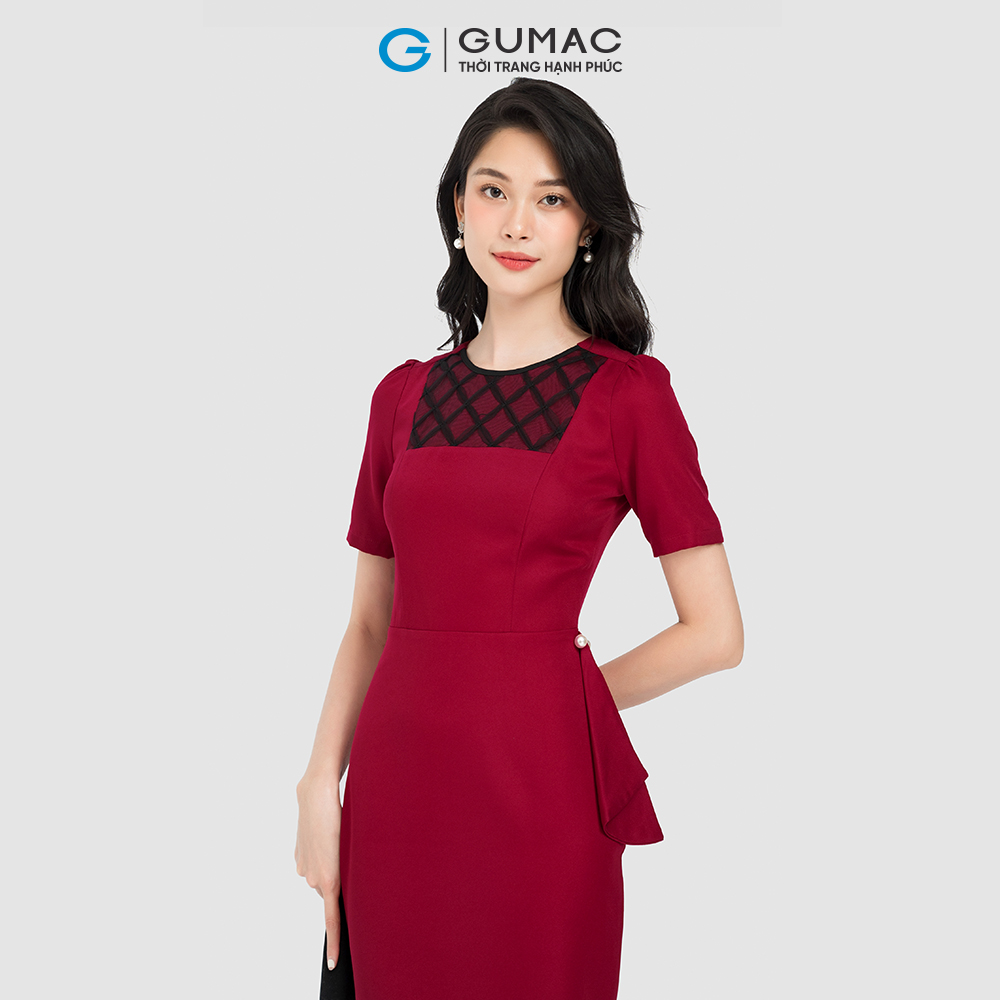 Đầm phối ren cổ GUMAC LD0815 ôm body vải cotton màu đỏ nâu