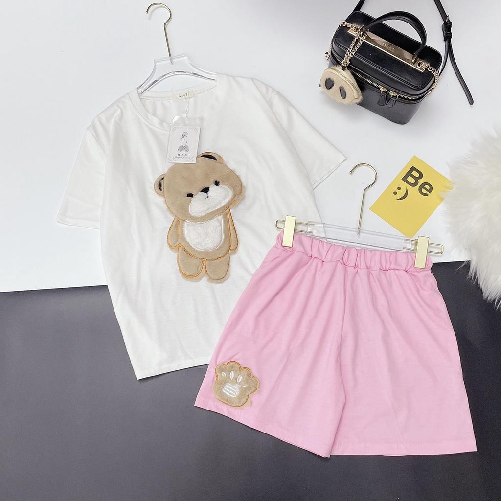 Bộ Cộc Tay Thêu Gấu Kèm Quần Short Ống Rộng
