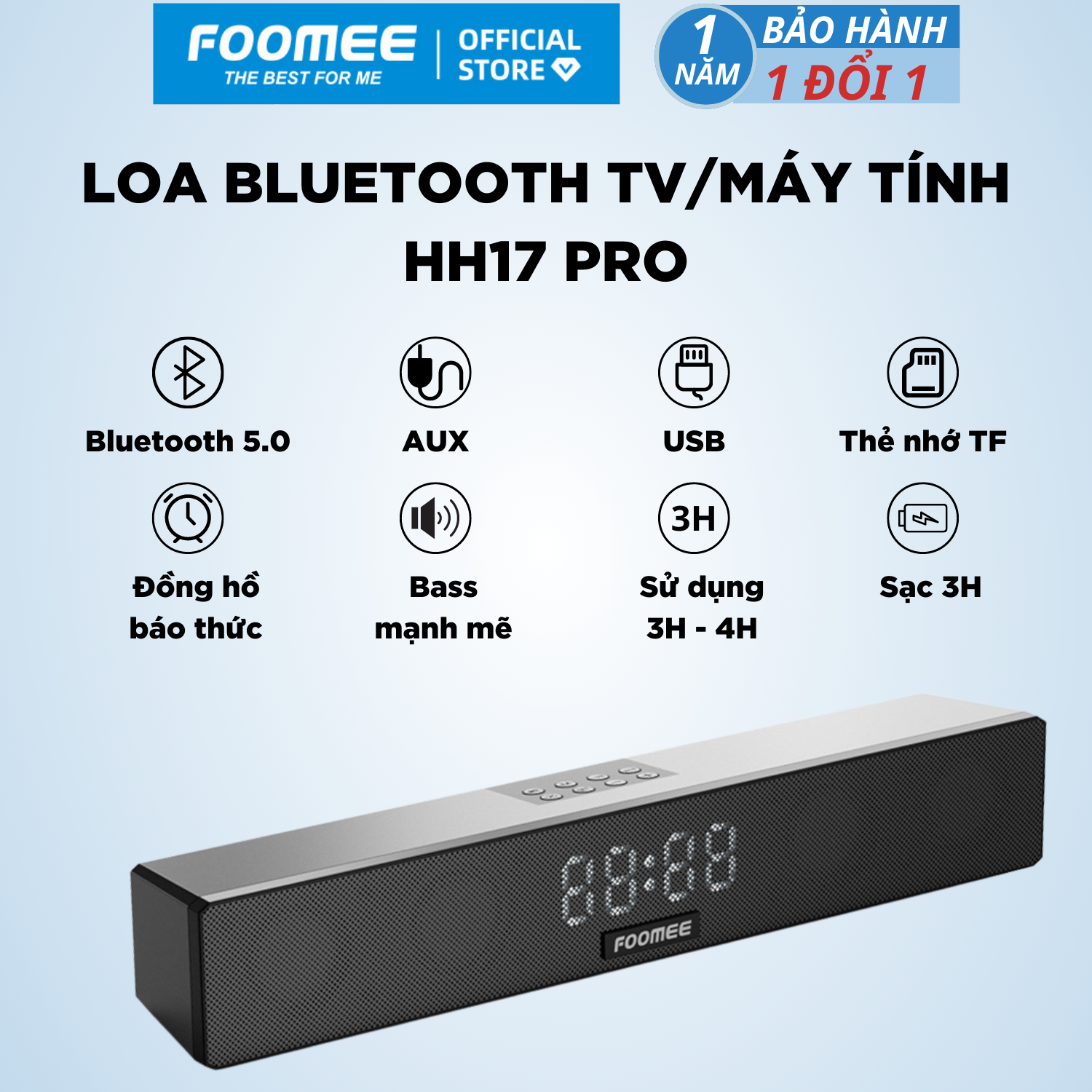 Loa Bluetooth Mini  Pin 2400mAh FOOMEE HH17 pro - Tích Hợp Đèn Led Nháy Loa Kép Và Kết Nối Cuộc Gọi - Màu Đen - Hàng Chính Hãng
