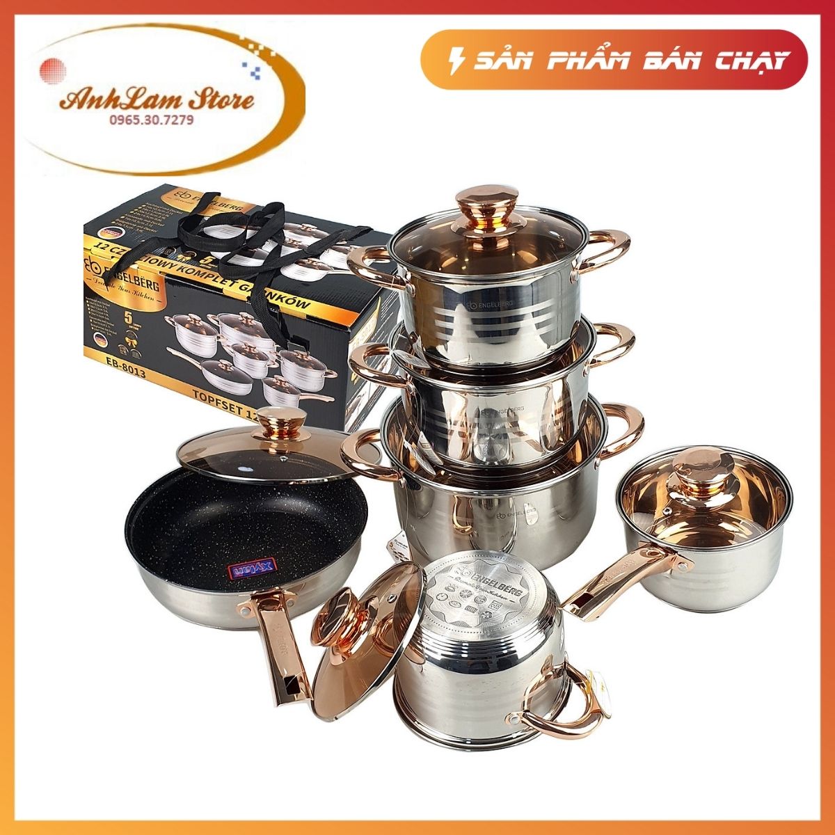 Bộ Nồi ANGELBERG Đức 6 Món - Bộ Nồi Chef 6 Món INox Cao Cấp Dùng Cho Mọi Loại Bếp