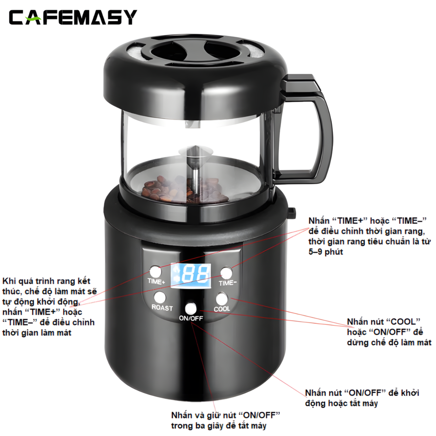 Máy rang hạt cà phê công nghệ gia nhiệt không khí chuyên nghiệp. Thương hiệu Mỹ cao cấp Cafemasy CCR-305. HÀNG CHÍNH HÃNG