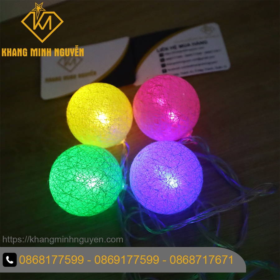 Đèn trang trí Noel, Giáng Sinh - Bộ 20 đèn banh chỉ tròn nhiều màu, có chớp, không đổi màu - có bọc nhựa chống nước