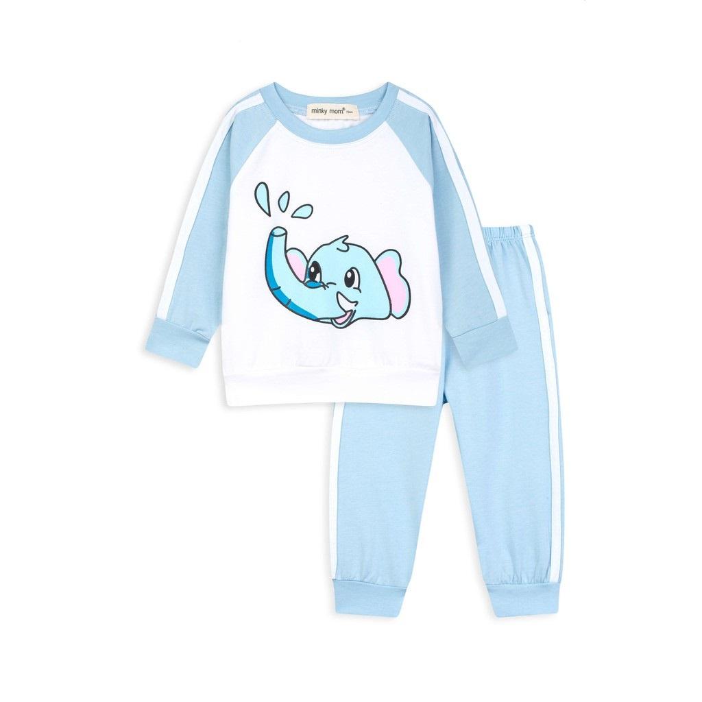 Bộ Quần Áo Dài Tay Cotton 100% Raglan In Hình Động Vật Kẻ Sọc Quần và Vai áo Cho Bé 5-17Kg