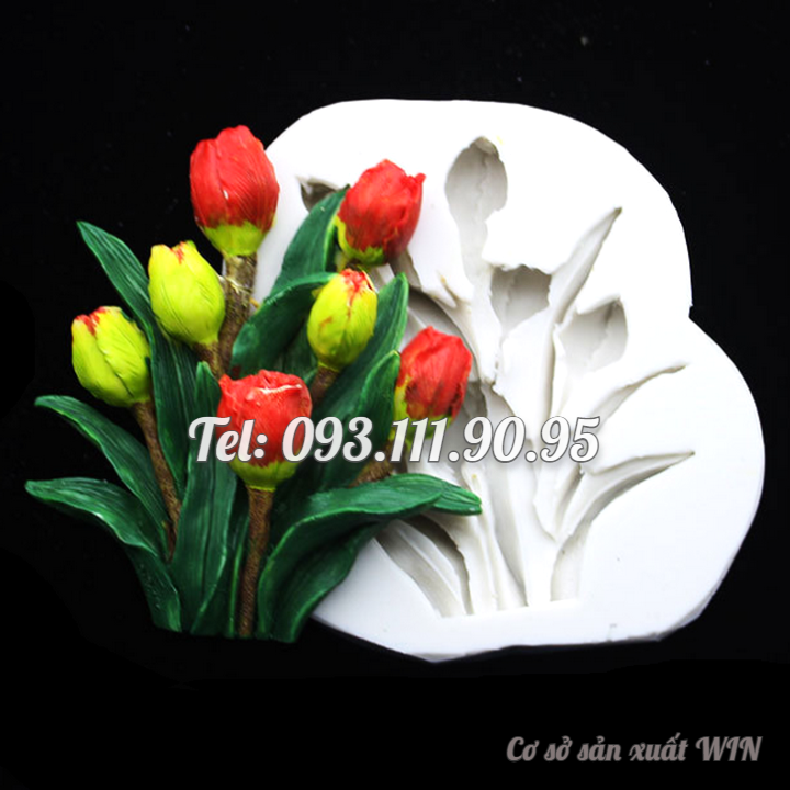 Khuôn silicon làm rau câu chùm 7 hoa Tulip kèm lá - Loại 11 cm - Mã số 1704