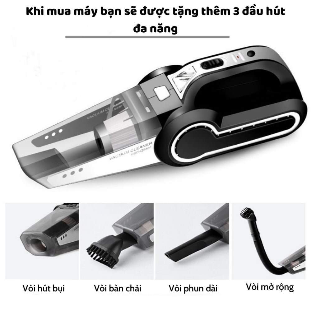 Máy hút bụi Ô tô 4 trong 1 cao cấp kiêm bơm lốp, đo áp suất lốp và đèn led chiếu sáng