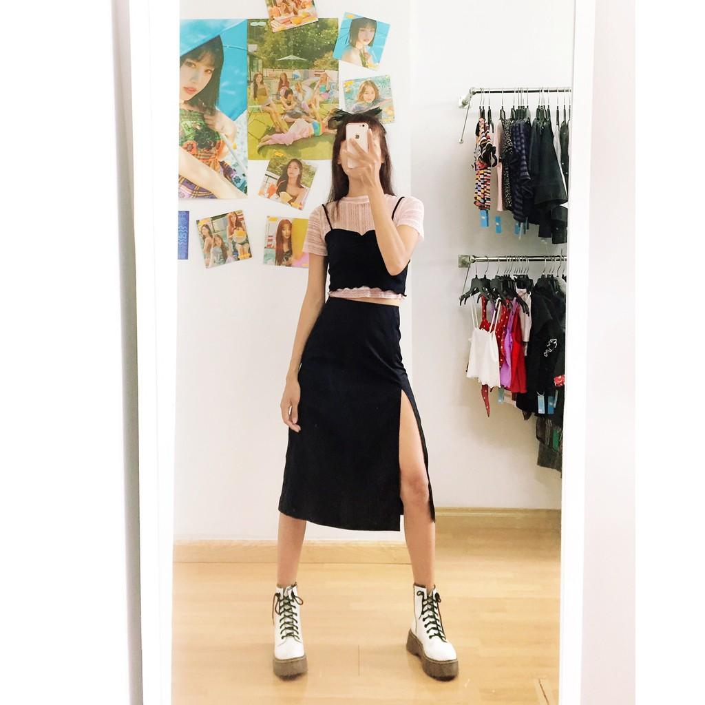SET váy xẻ đùi dài, áo ren hồng, áo dây đen croptop