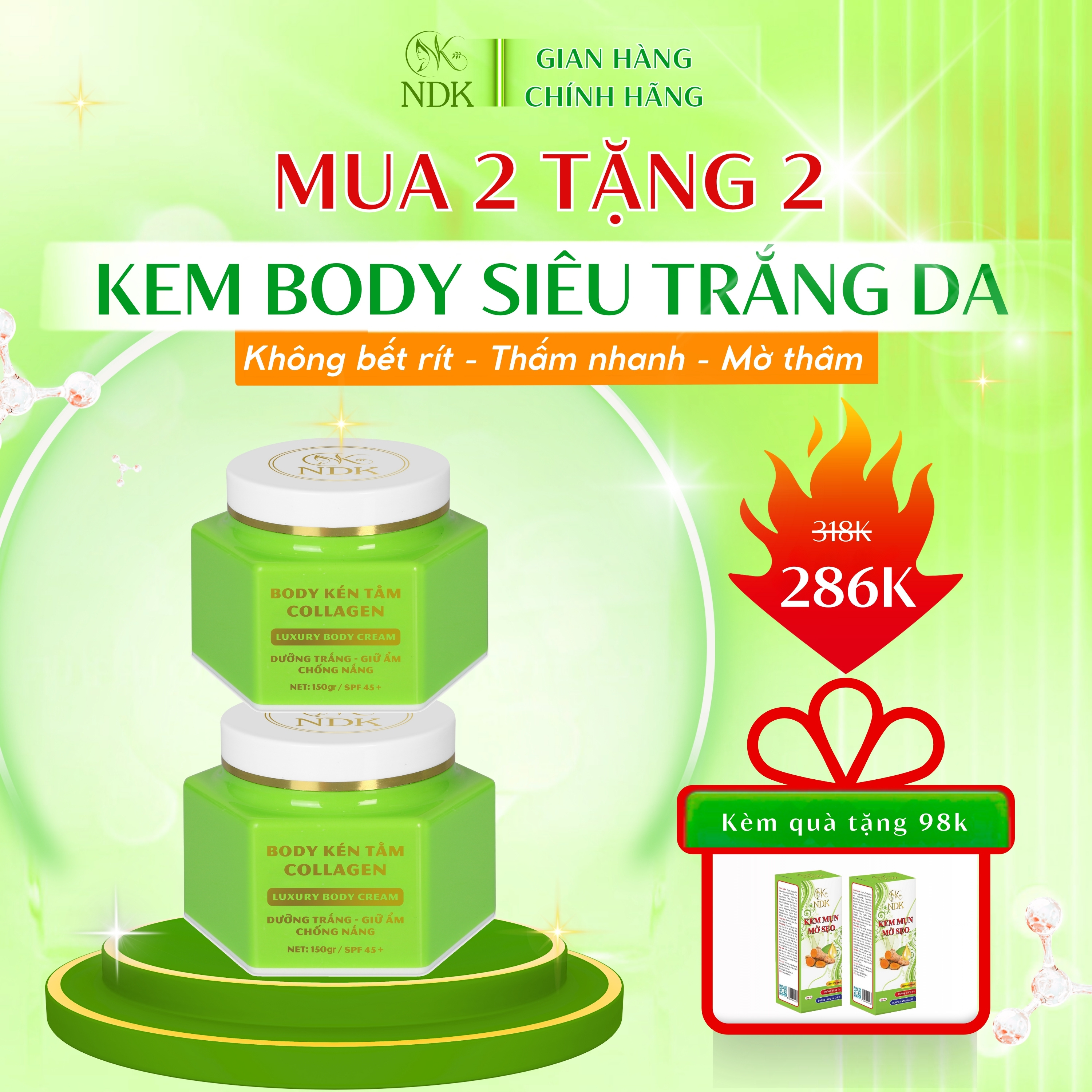 Combo 2 Kem Body Kén Tằm Collagen NDK Dưỡng Trắng Da Làm mịn Chống Nắng