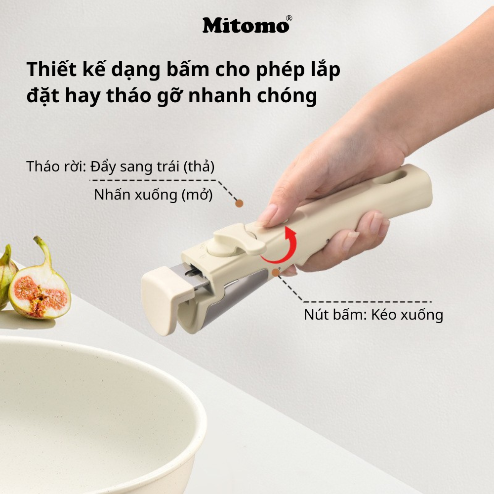 Bộ nồi chảo đá gốm Mitomo chống dính cao cấp 5 món có tay cầm tháo rời, dùng cho mọi loại bếp - Hàng chính hãng