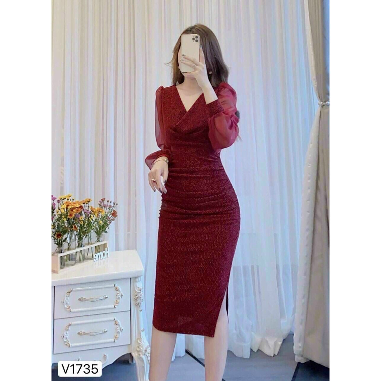 Đầm Body Phối Tay Voan Cổ Đổ - Hậu Nguyễn Store