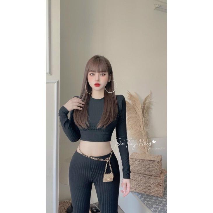 Set Bộ Quần Dài Ống Loe Kèm Áo Croptop Tay Dài Chất Thun Gân Chính Phẩm Thích Hợp Mặc Đi Tiệc Đi Làm Đi Chơi