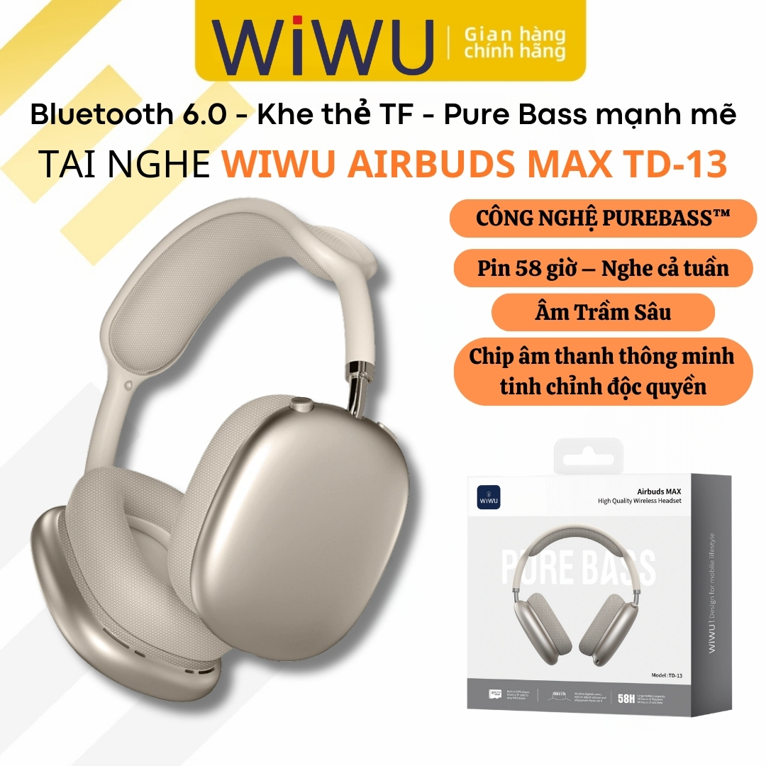 Tai nghe Bluetooth 6.0 công nghệ PureBass không dây WIWU Airbuds Max TD13 - Pin 58H, Đệm Tai Siêu Êm, Bass mạnh, Hỗ trợ khe TF Card, Âm trầm Pure Bass mạnh mẽ - Hàng nhập khẩu