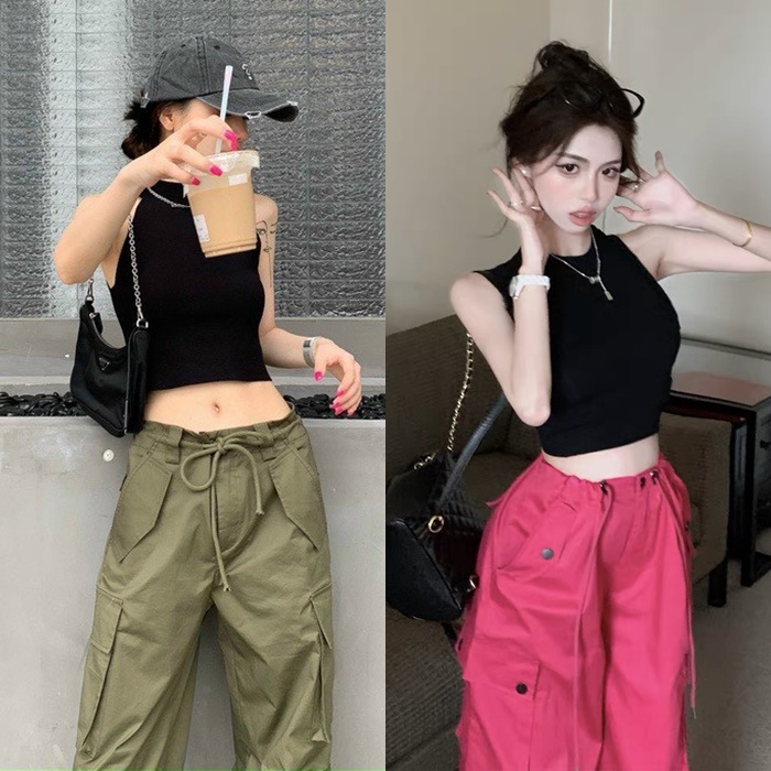 SET QUẦN ỐNG RỘNG TÚI HỘP LƯNG CAO SUÔNG + ÁO CROPTOP THUN BA LỖ TRƠN ĐI CHƠI THỂ THAO DẠO PHỐ ĐI BIỂN