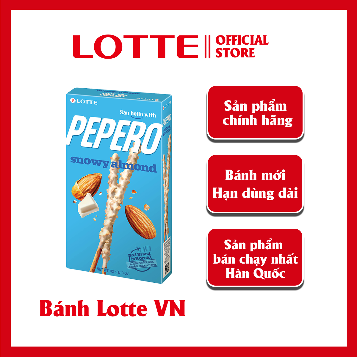 [SỈ/LẺ] Bánh que Lotte Pepero vị Sô cô la trắng hạnh nhân Snowy Almond