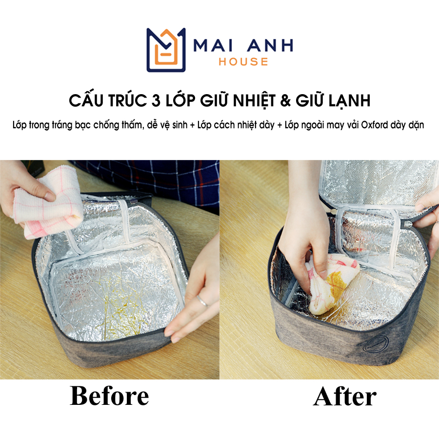 Túi giữ nhiệt đựng hộp cơm đồ ăn, túi đựng cơm văn phòng có khóa kéo, 3 lớp giữ nhiệt kiểu xuất Nhật, dày dặn, nhiều kích cỡ Mai Anh House