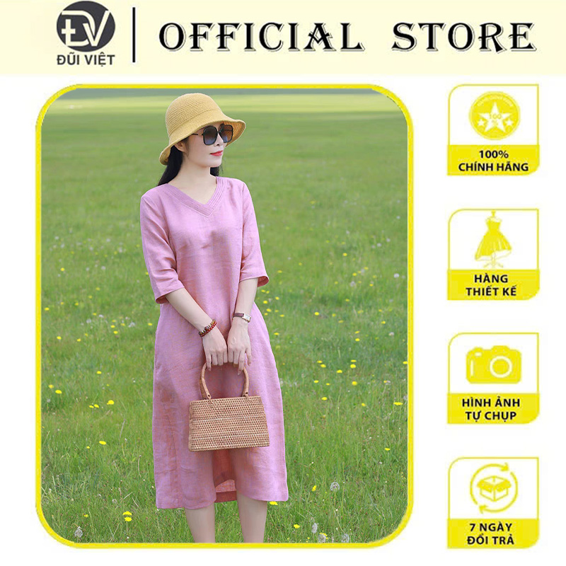Đầm linen suông cổ tim tay lỡ, chất linen cao cấp kèm dây eo rời Đũi Việt