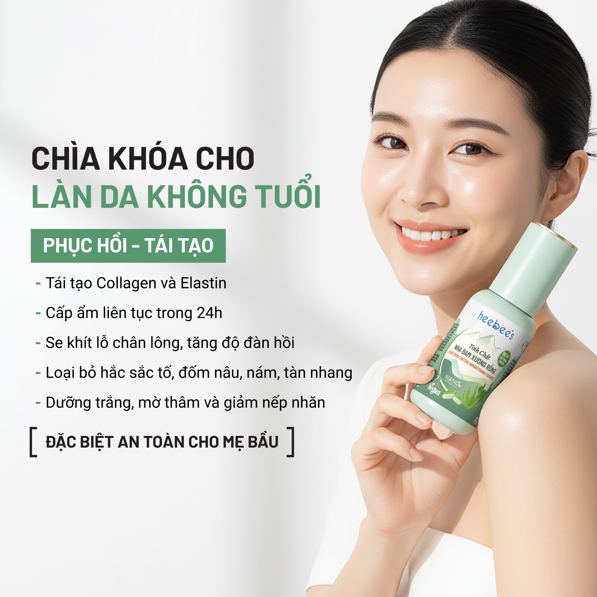 Tinh Chất Serum Thuần Chay Nha Đam Xương Rồng Heebee’s Aloe Vera Cactus Brightening Serum Dưỡng Trắng, Cấp Ẩm, Trị Mụn, Se Khít Lỗ Chân Lông, Ngừa Lão Hóa 38ml