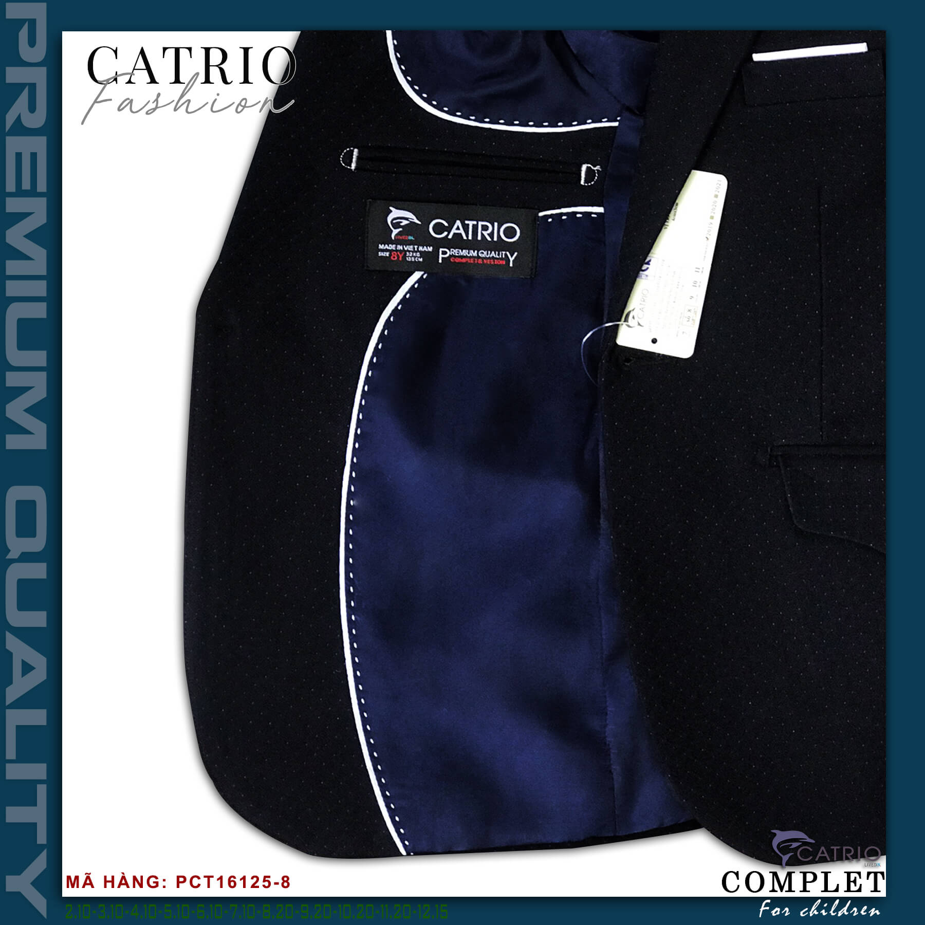 BỘ VEST BÉ TRAI CATRIO PCT16125/8 LÀ BỘ COMPLET TRẺ EM từ 6 tuổi đến 10 tuổi (25kg đến 35kg) thuộc bộ sưu tập quần áo trẻ em trang trọng cho mùa lễ hội, tết, tiệc cưới, sự kiện sinh nhật, được làm bằng vải dạ cao cấp nhất, đẹp đến từng chi tiết