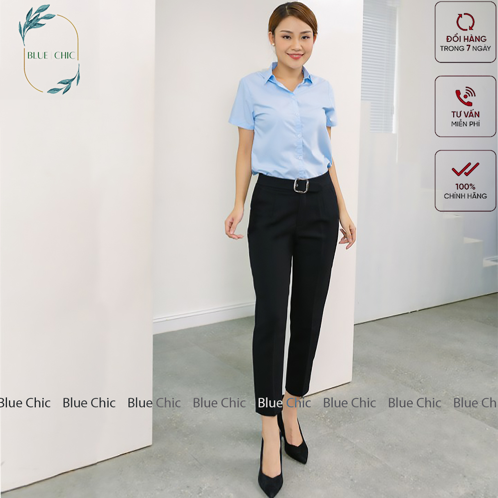 Quần baggy nữ Blue Chic cạp cao vải Vitek cao cấp đồ công sở đai ô vuông form dáng đẹp màu đen